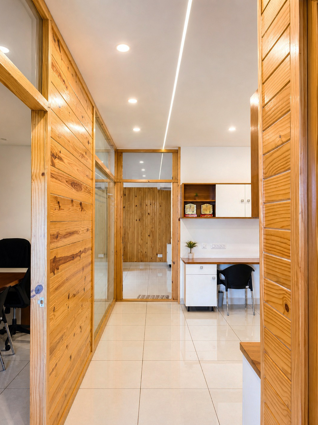 Mr. Pradeep's Office — Timber-lined corridor